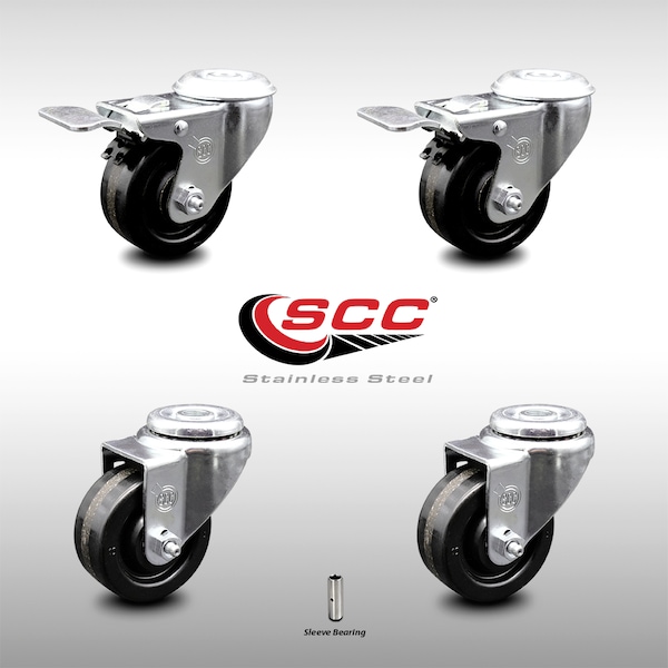 3 Inch SS Phenolic Wheel Swivel Bolt Hole Caster Set with 2 Total Lock Brake SCC